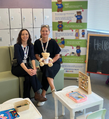 Family Engagement Workers Allison and Charlotte with William the Bear